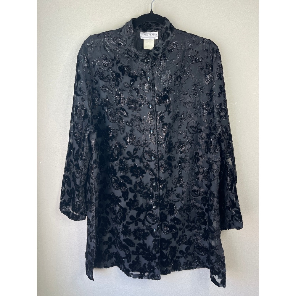 Three Flaggs Top Black Vintage Burnout Velvet Floral Metallic Tunic XL